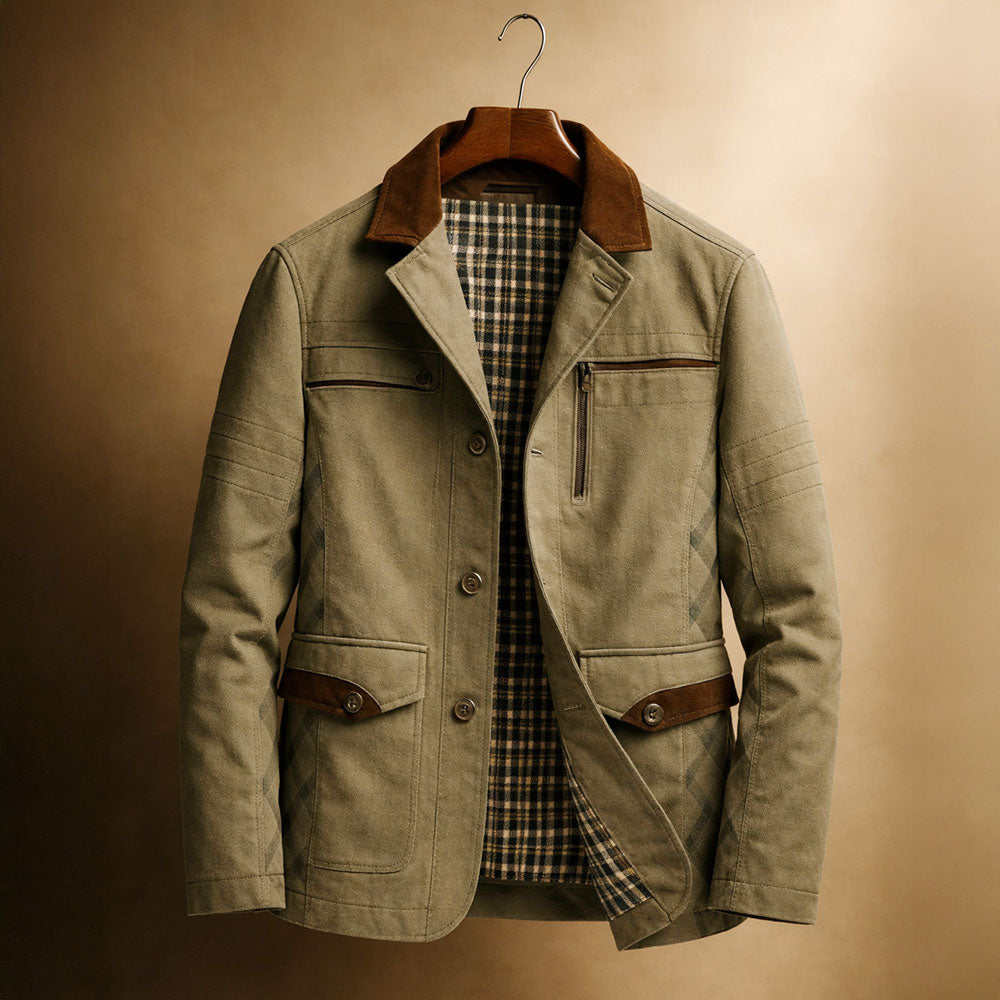 Veste field homme en twill de coton – col suédé, doublure carreaux