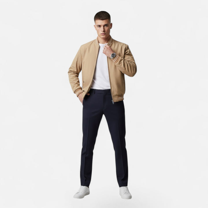Veste homme col montant sans repassage – zip et ourlet côtelé
