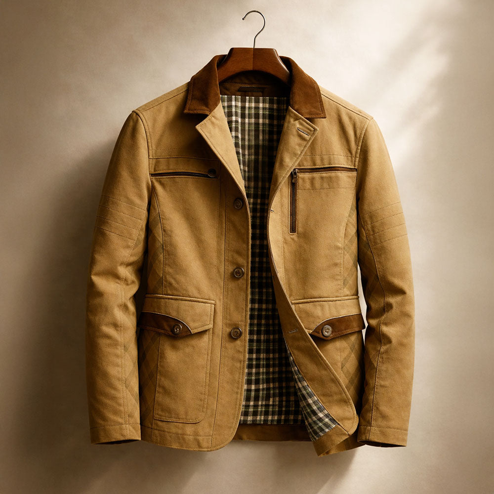 Veste field homme en twill de coton – col suédé, doublure carreaux