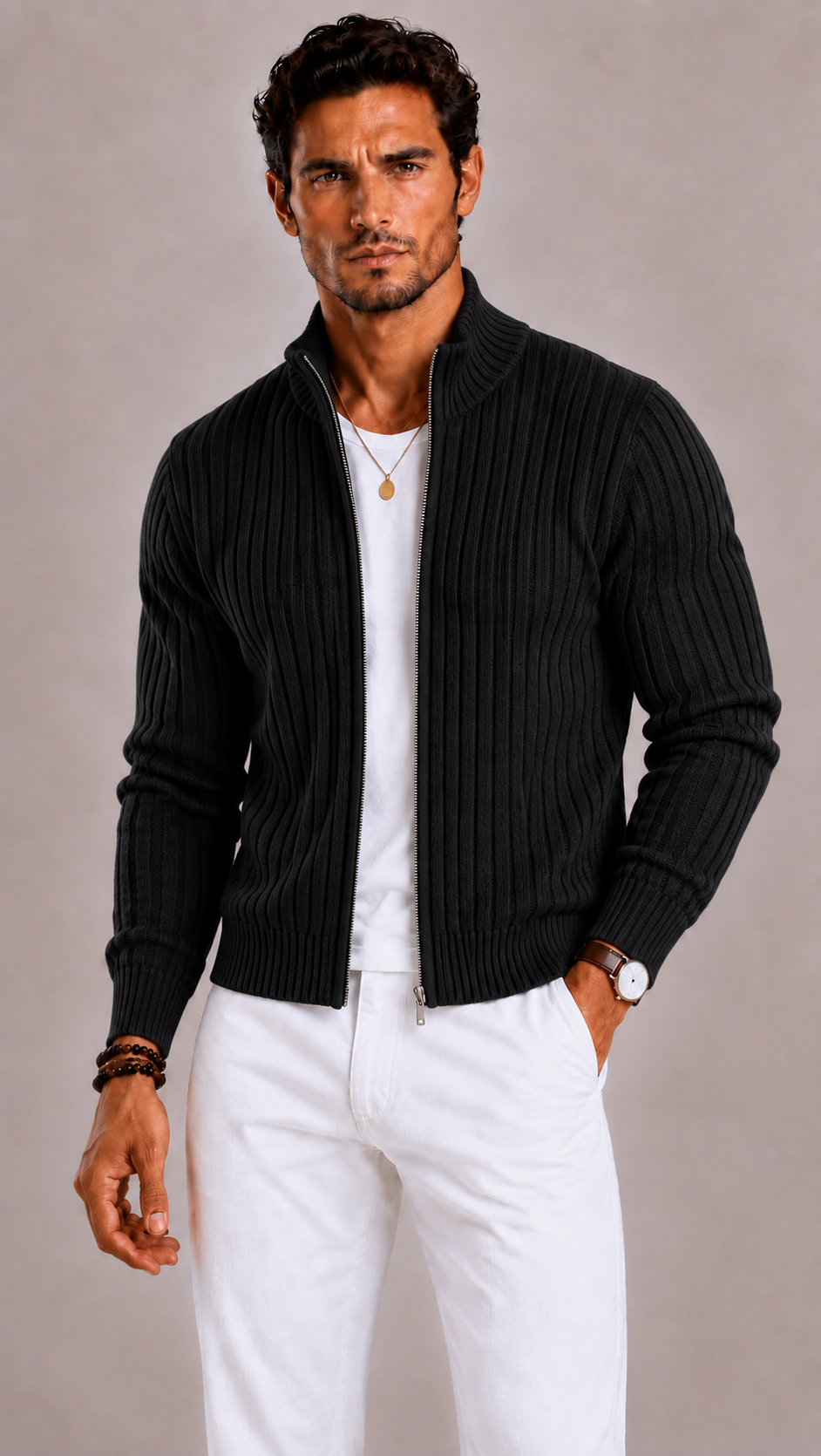 Cardigan zippé homme en maille côtelée, col montant moderne