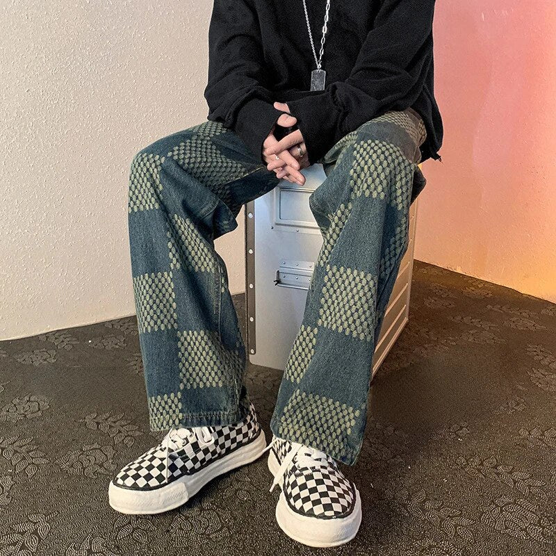 Jean baggy homme à carreaux – coupe ample moderne