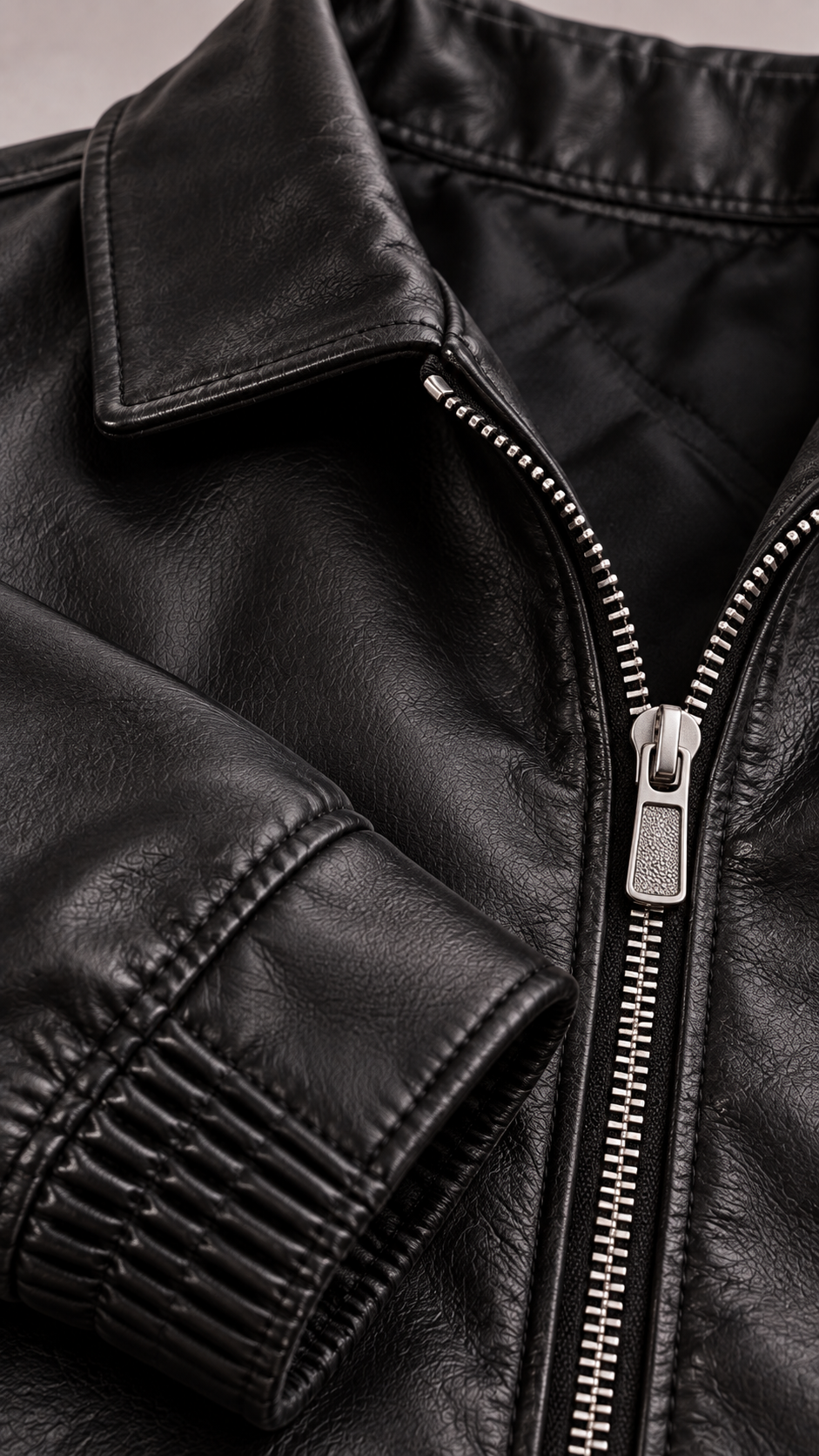 Bombers homme finition cuir, zip, col classique, ourlet élastiqué