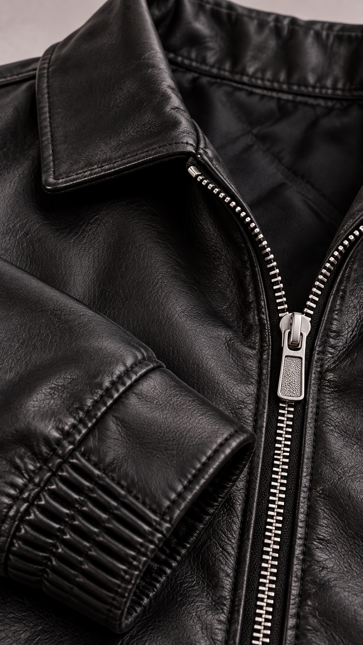Bombers homme finition cuir, zip, col classique, ourlet élastiqué