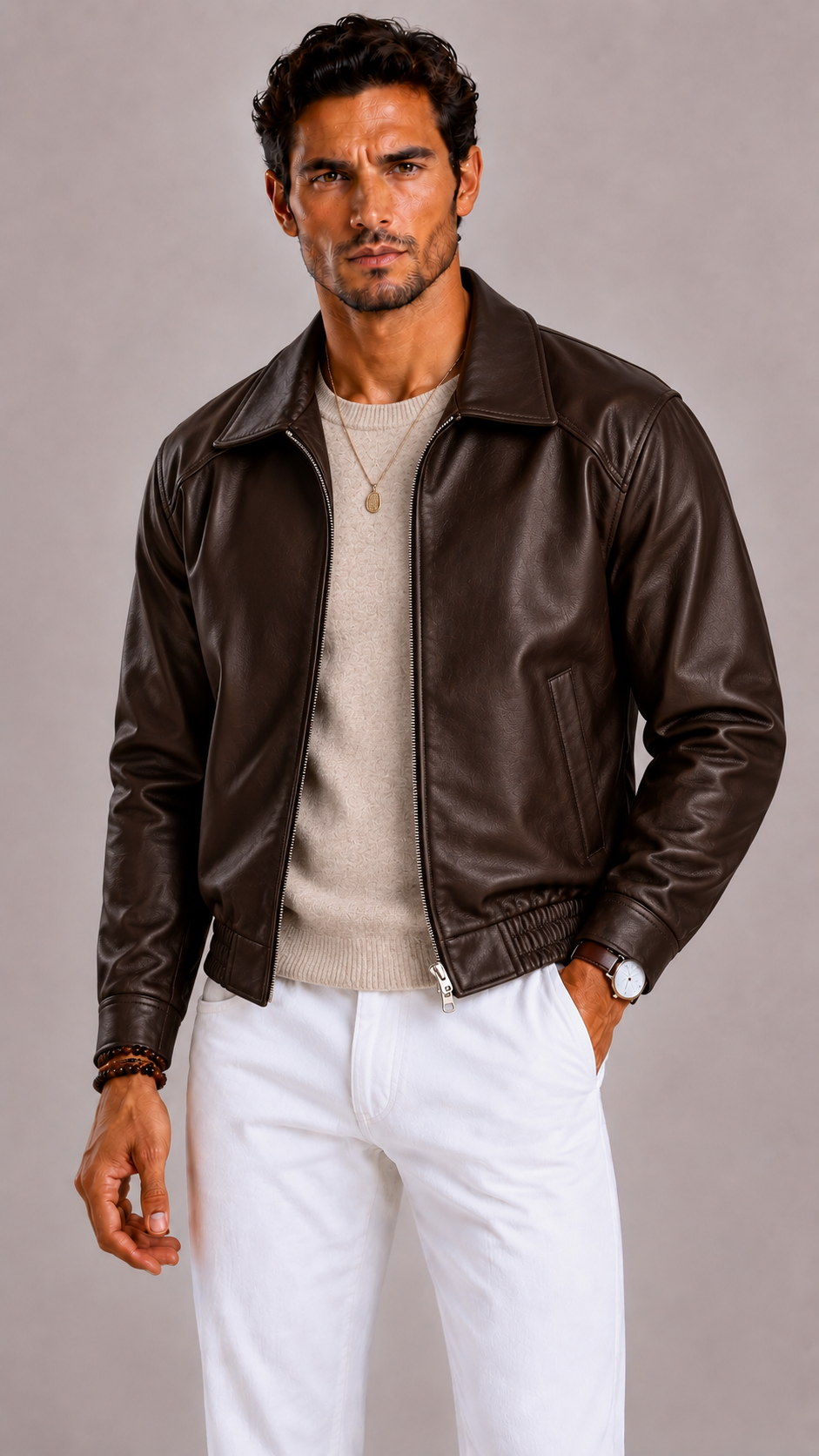 Bombers homme finition cuir, zip, col classique, ourlet élastiqué