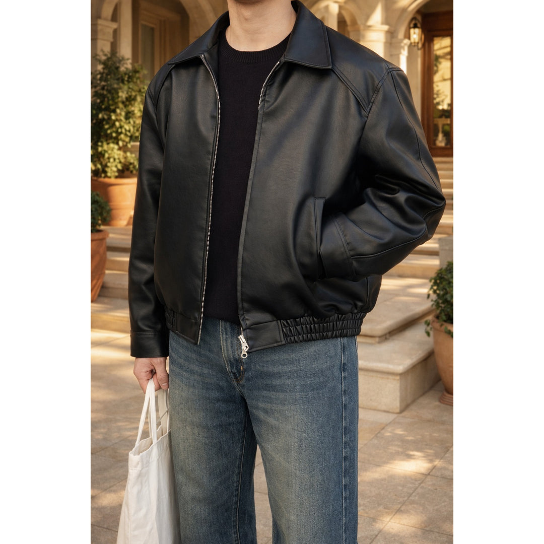 Bombers homme finition cuir – zip, col classique, ourlet élastiqué