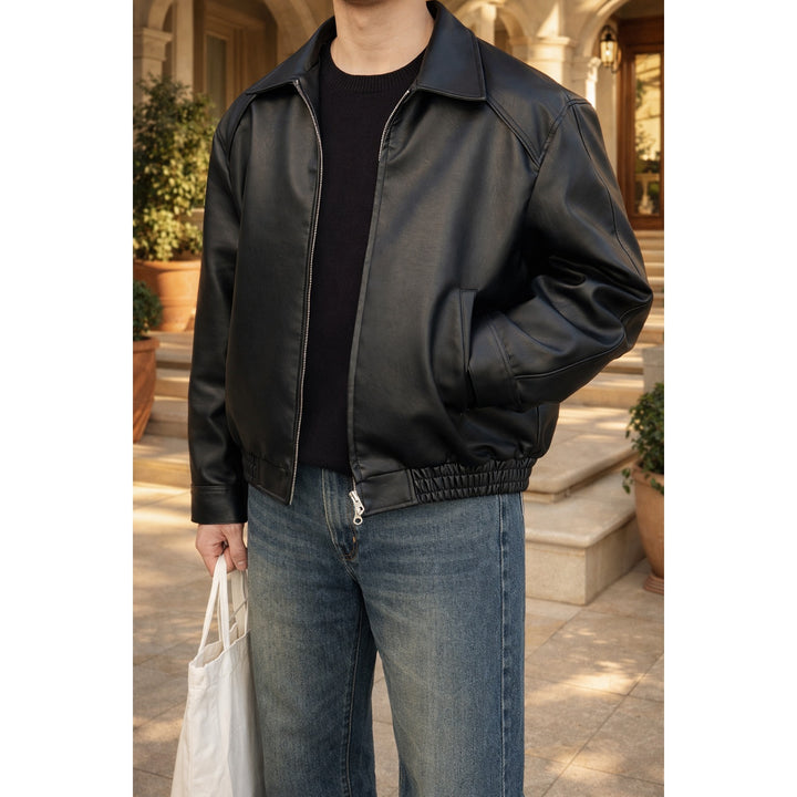 Bombers homme finition cuir – zip, col classique, ourlet élastiqué