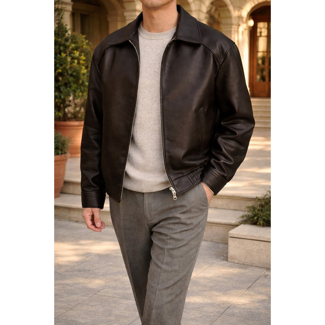 Bombers homme finition cuir – zip, col classique, ourlet élastiqué