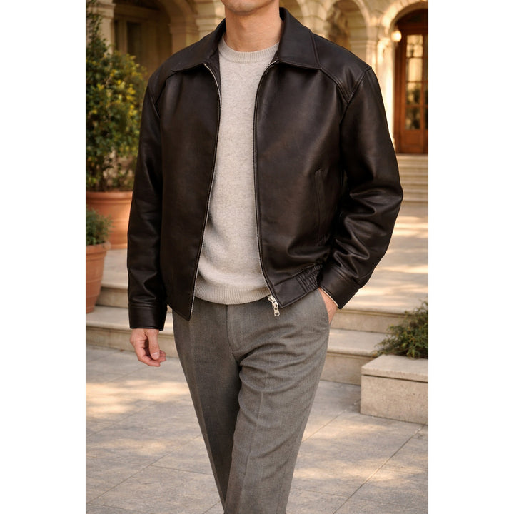 Bombers homme finition cuir – zip, col classique, ourlet élastiqué