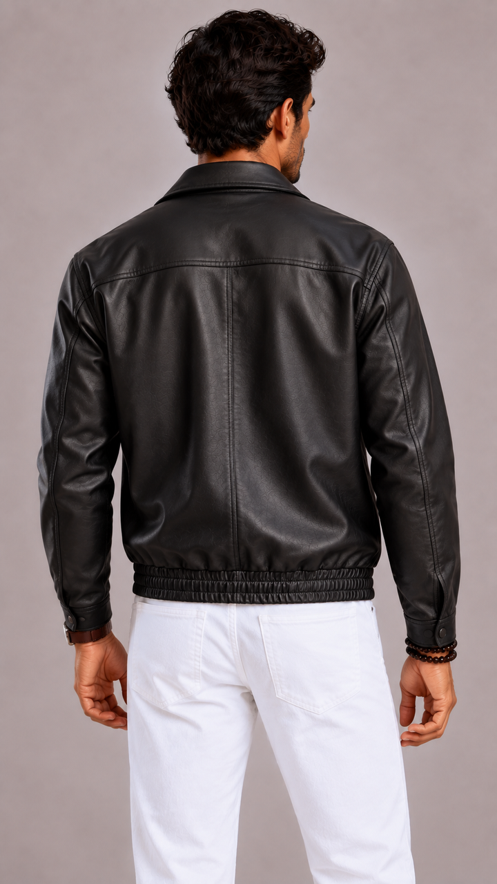 Bombers homme finition cuir, zip, col classique, ourlet élastiqué