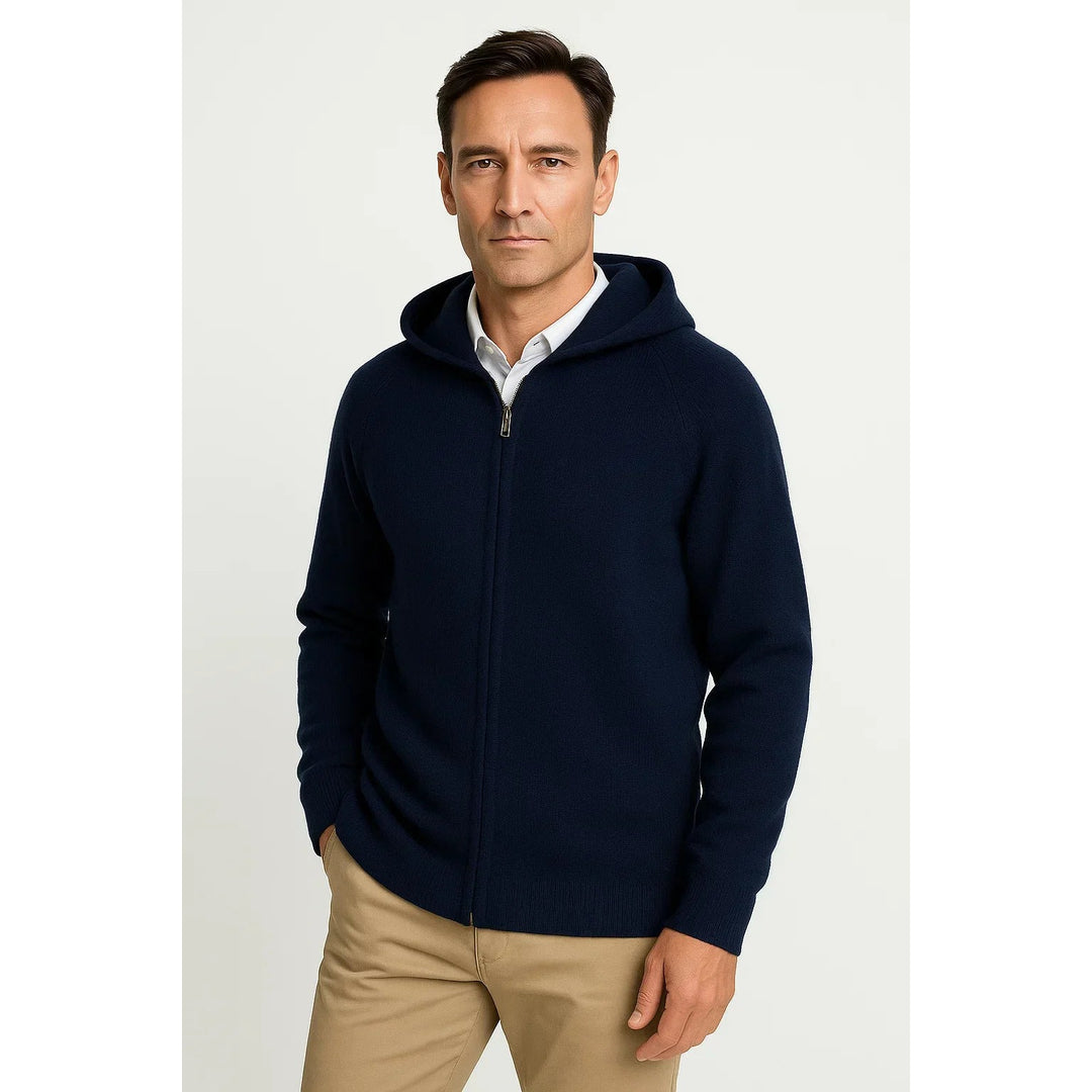 Cardigan zippé à capuche homme en laine mérinos – maille épaisse