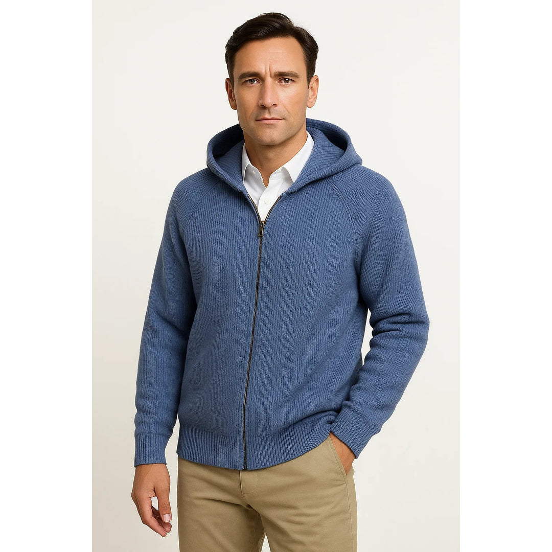 Cardigan zippé à capuche homme en laine mérinos – maille épaisse