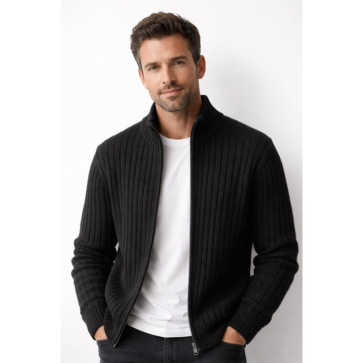 Cardigan zippé homme en maille côtelée – col montant moderne
