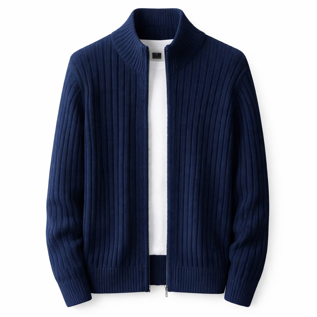 Cardigan zippé homme en maille côtelée – col montant moderne