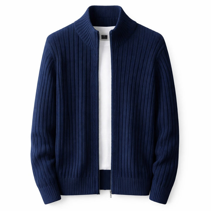 Cardigan zippé homme en maille côtelée – col montant moderne