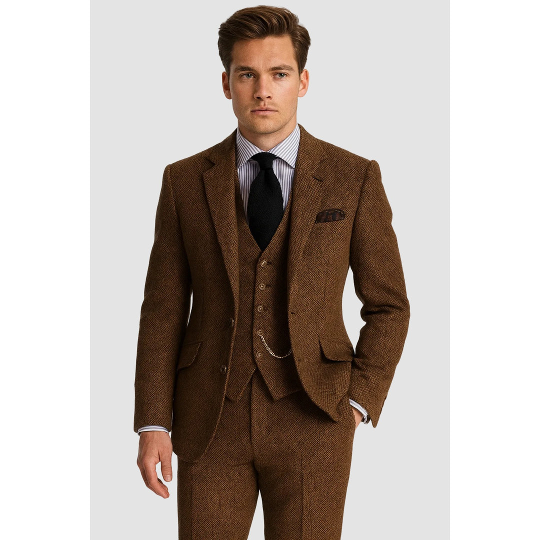Costume trois pièces homme en tweed – chaîne de montre à gousset