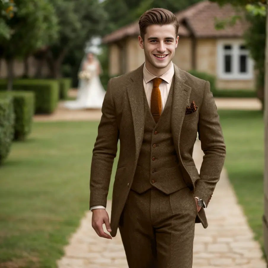 Costume trois pièces homme en tweed de laine – mariage et soirée