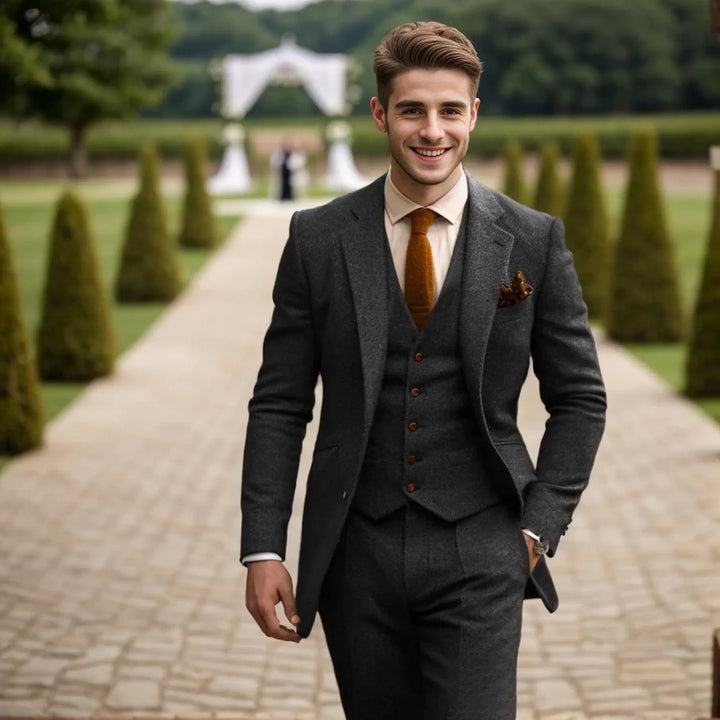 Costume trois pièces homme en tweed de laine – mariage et soirée