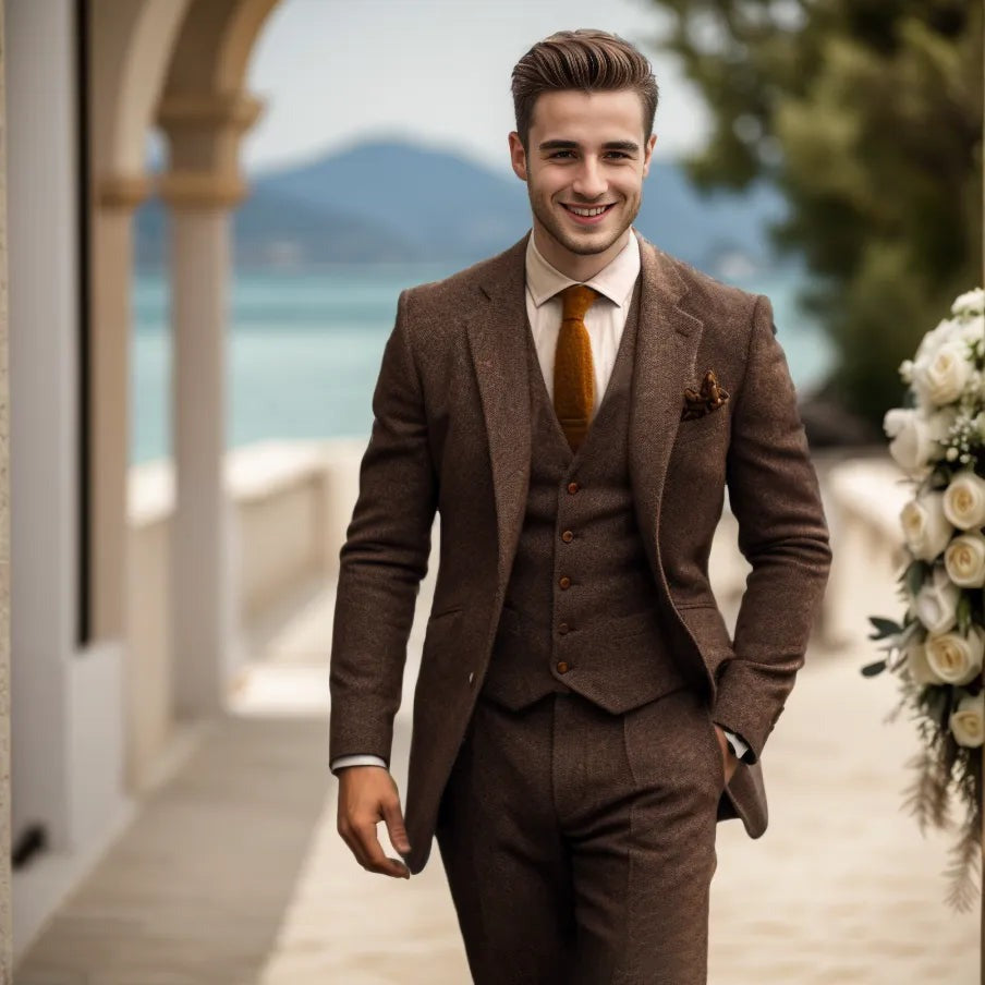 Costume trois pièces homme en tweed de laine – mariage et soirée