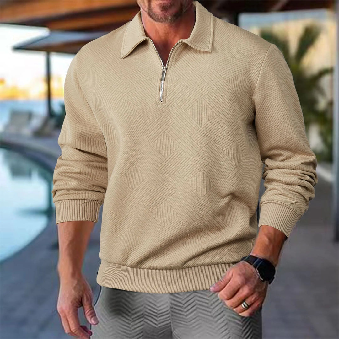 Pull homme col montant demi-zip – motif losanges discret