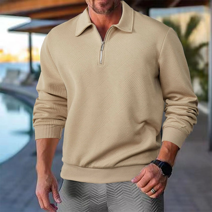 Pull homme col montant demi-zip – motif losanges discret