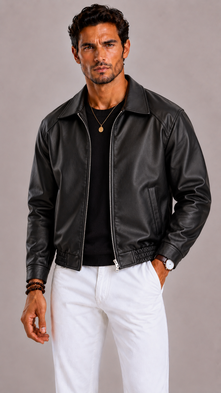 Bombers homme finition cuir, zip, col classique, ourlet élastiqué