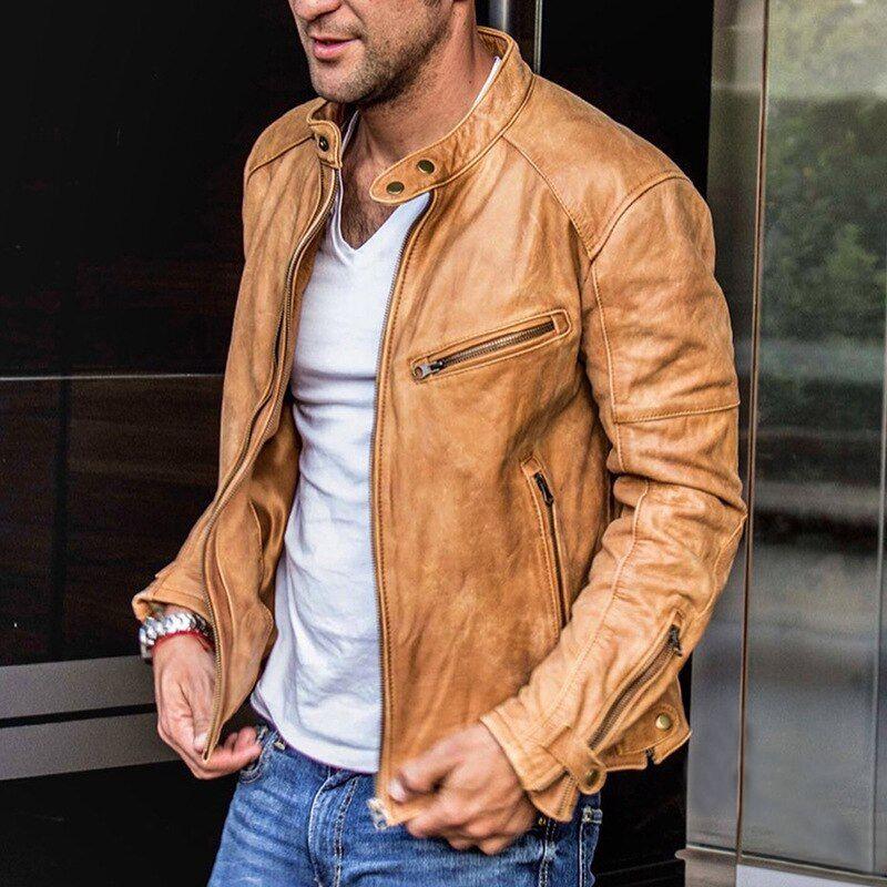 Veste biker homme en cuir – multipoches zippées modernes