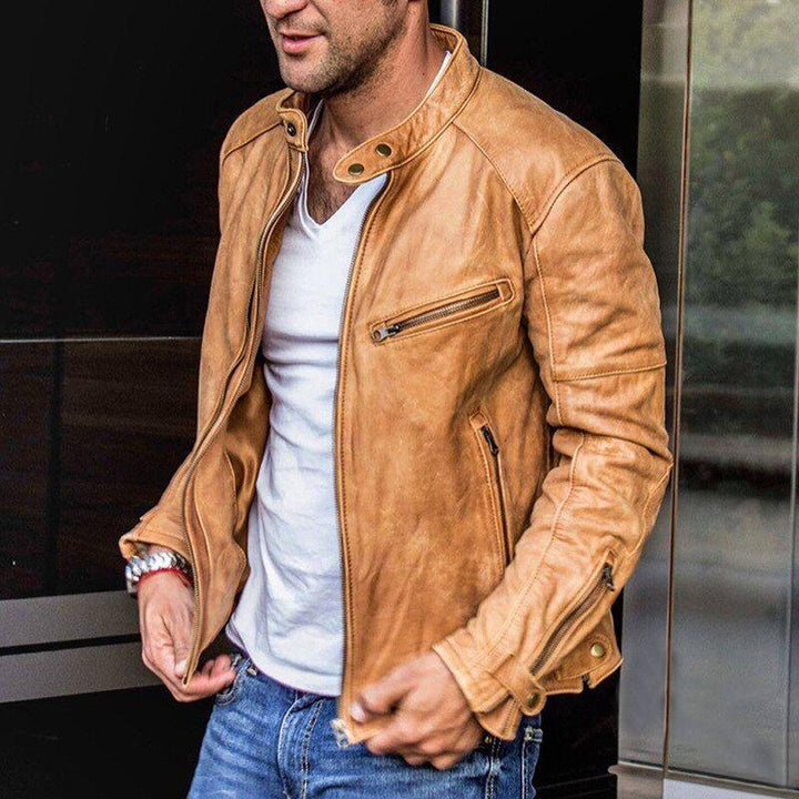 Veste biker homme en cuir – multipoches zippées modernes