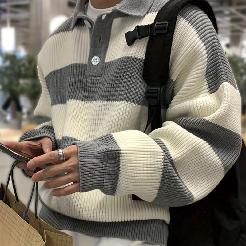 Pull homme rayé loose fit – col polo boutonné