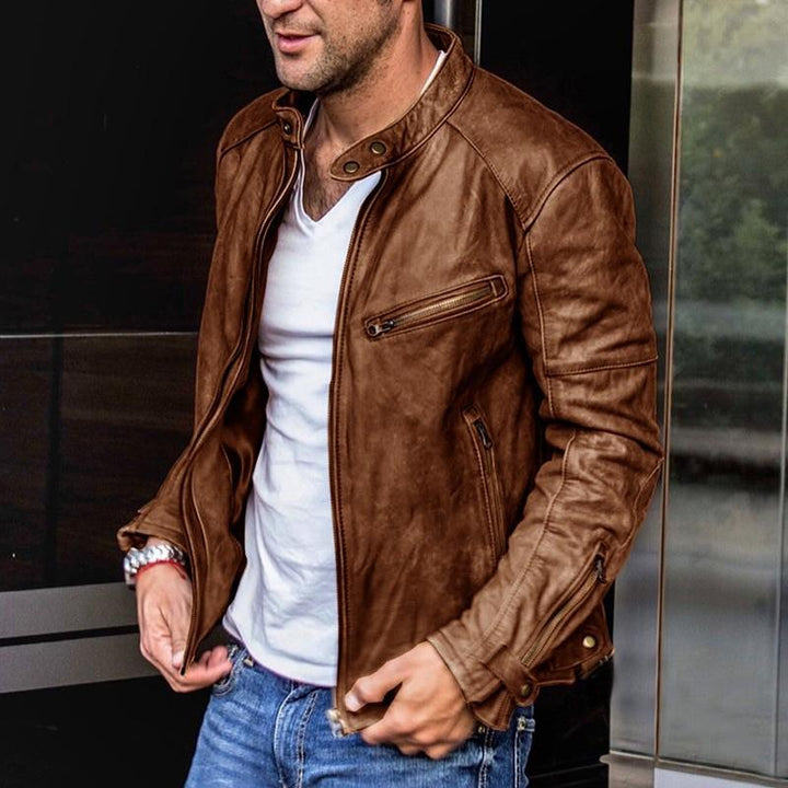 Veste biker homme en cuir – multipoches zippées modernes
