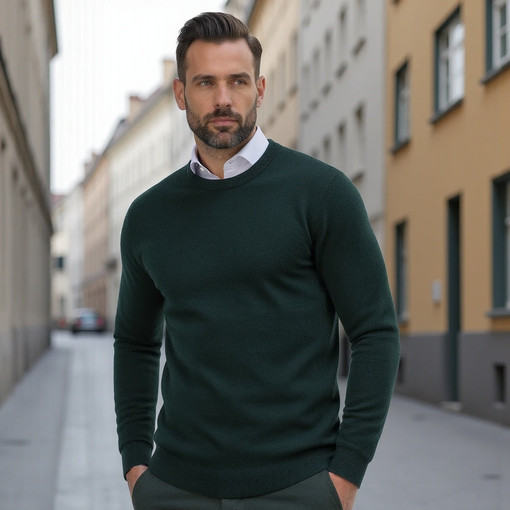 Pull homme col rond uni – confort intemporel