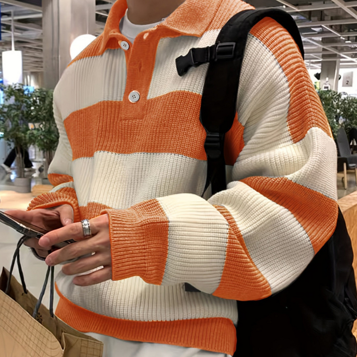 Pull homme rayé loose fit – col polo boutonné