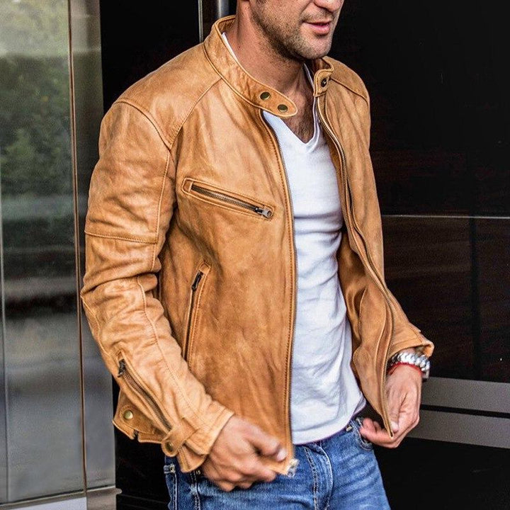 Veste biker homme en cuir – multipoches zippées modernes