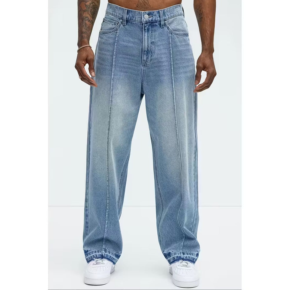 Jean homme loose à jambe droite et taille haute – denim souple