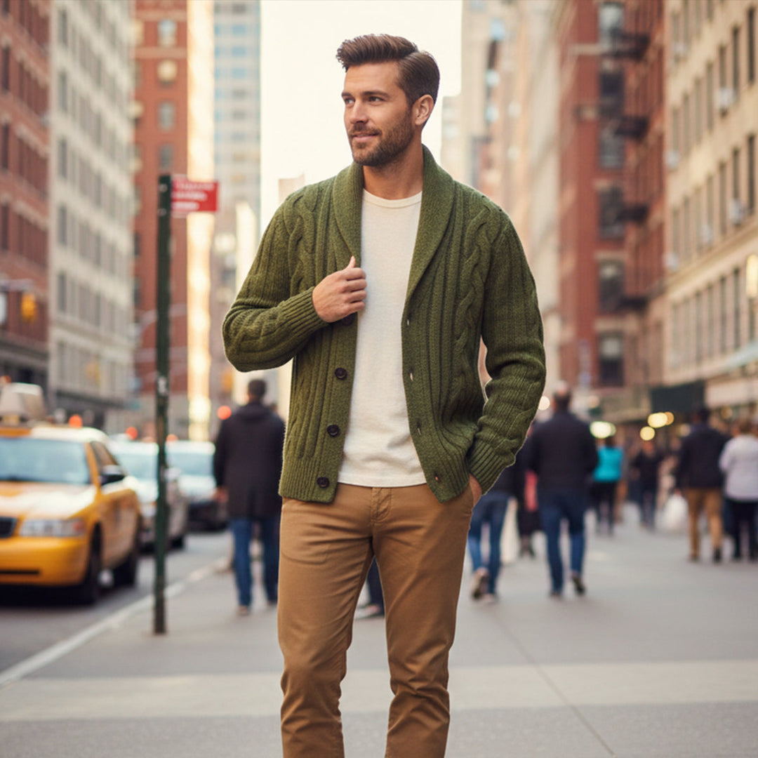 Cardigan Florence en maille torsadée à col châle – hiver homme