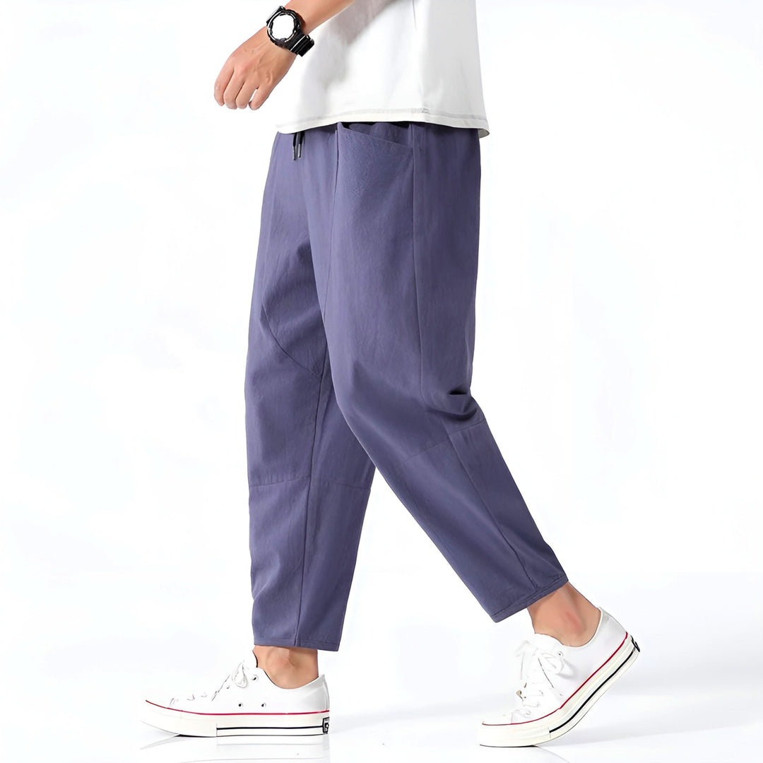 Pantalon court homme en coton et lin – taille à cordon
