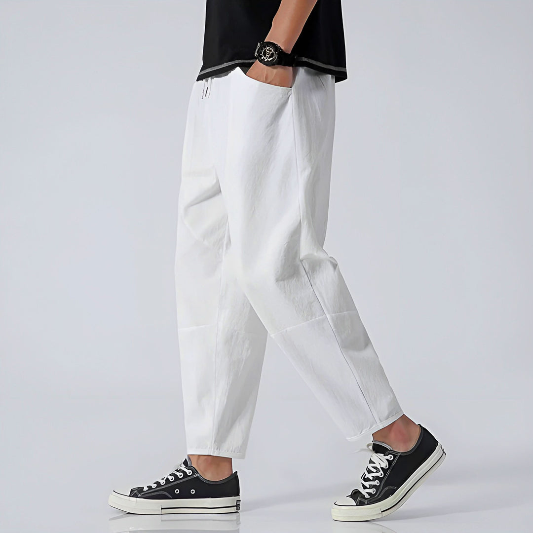 Pantalon court homme en coton et lin – taille à cordon