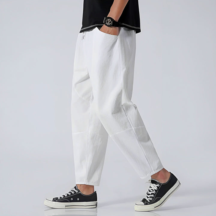 Pantalon court homme en coton et lin – taille à cordon
