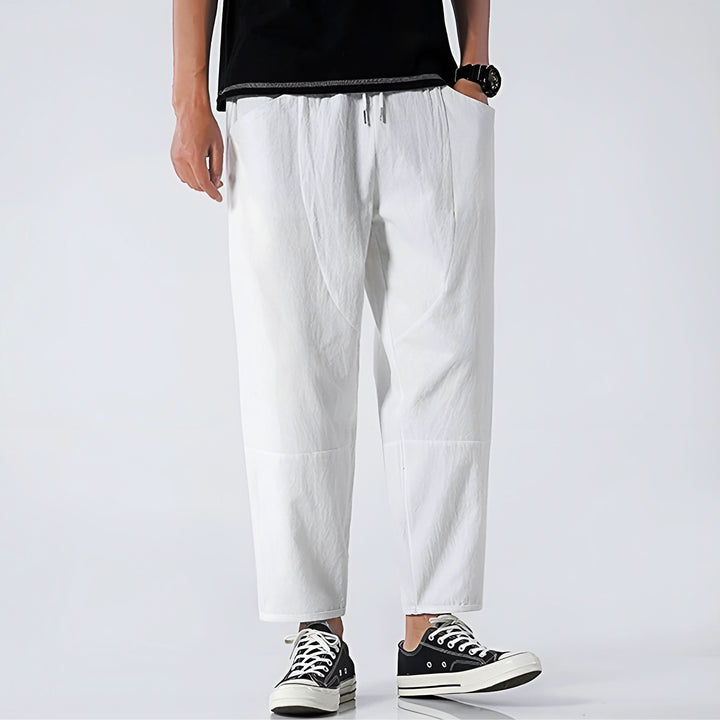 Pantalon court homme en coton et lin – taille à cordon