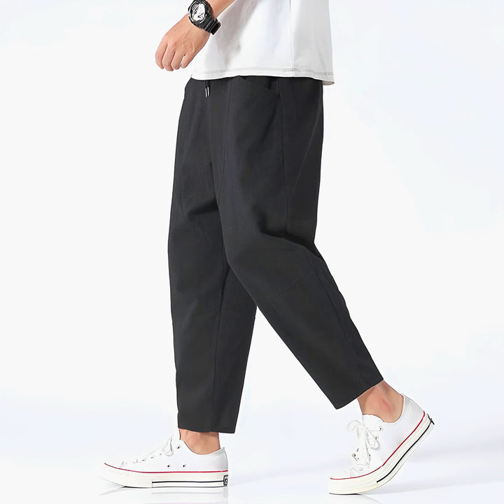 Pantalon court homme en coton et lin – taille à cordon