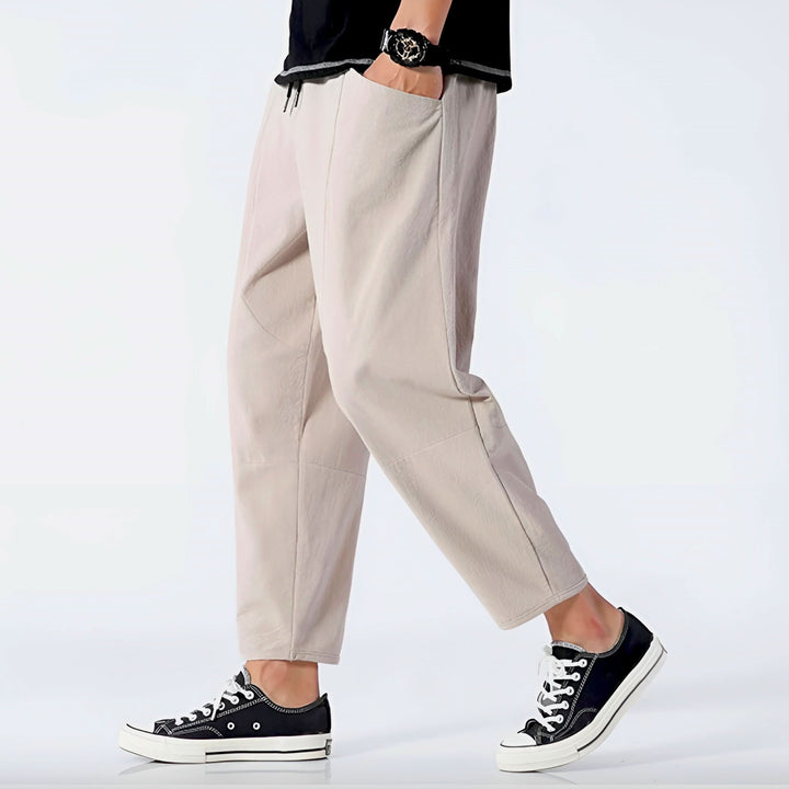 Pantalon court homme en coton et lin – taille à cordon