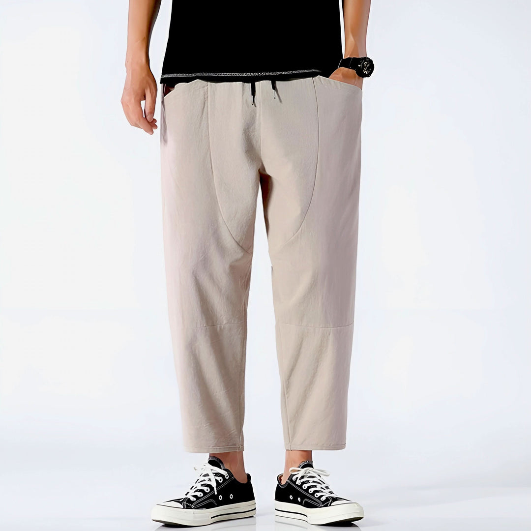 Pantalon court homme en coton et lin – taille à cordon