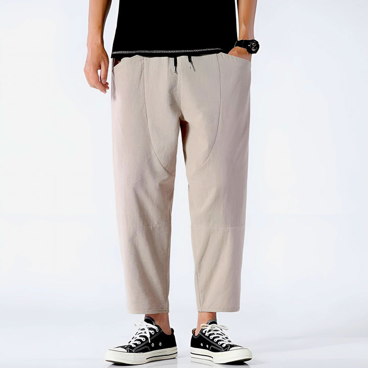 Pantalon court homme en coton et lin – taille à cordon
