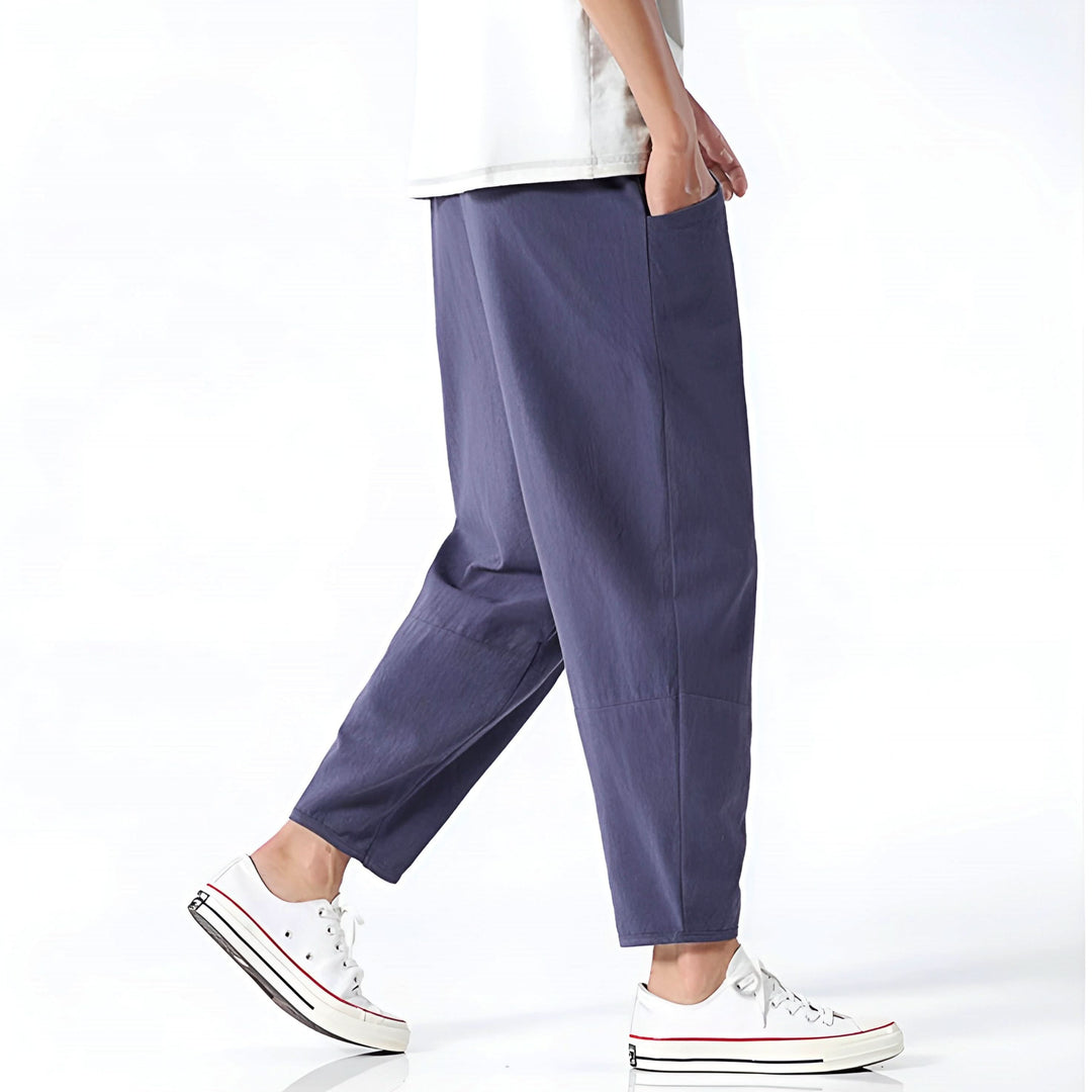 Pantalon court homme en coton et lin – taille à cordon