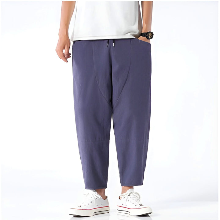Pantalon court homme en coton et lin – taille à cordon