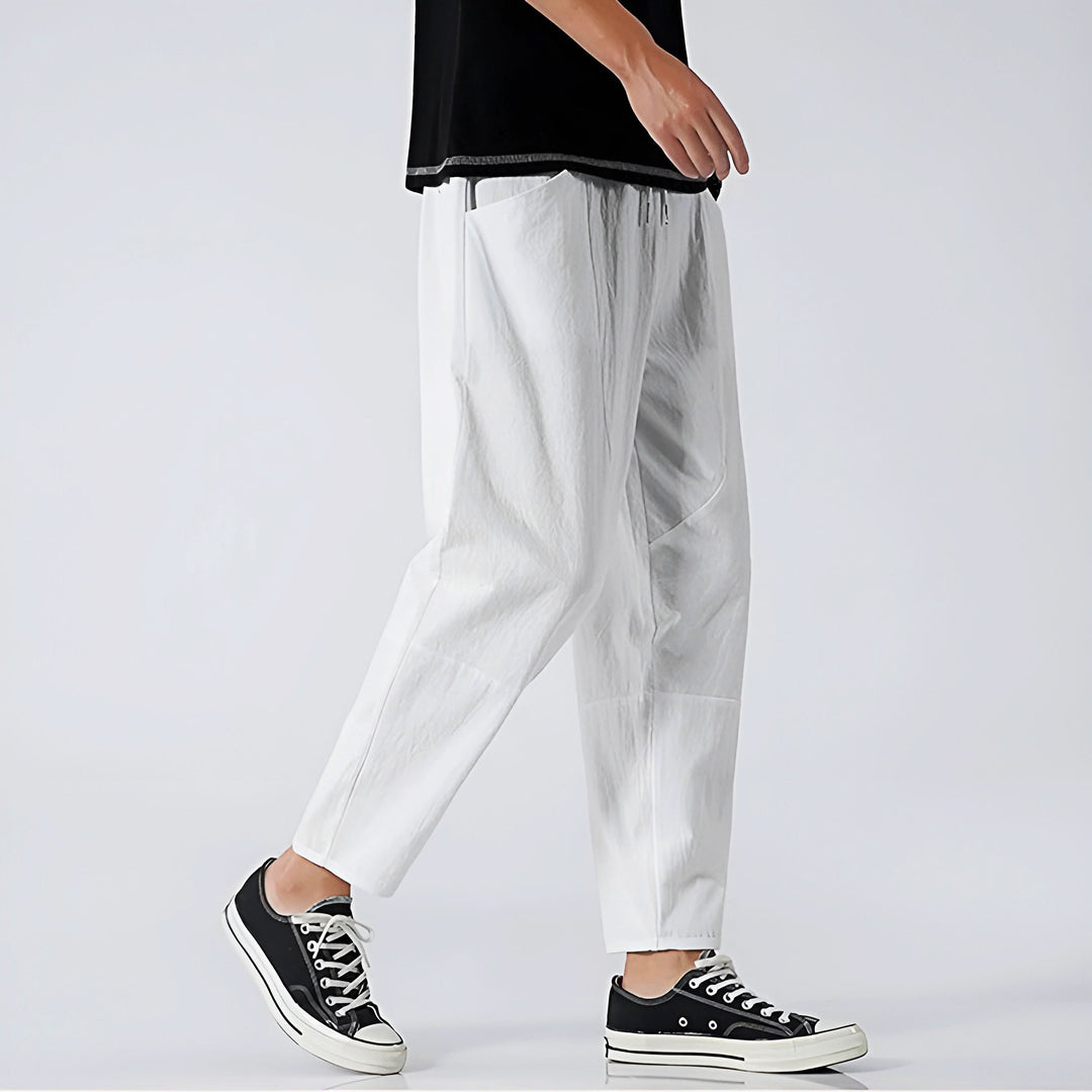Pantalon court homme en coton et lin – taille à cordon