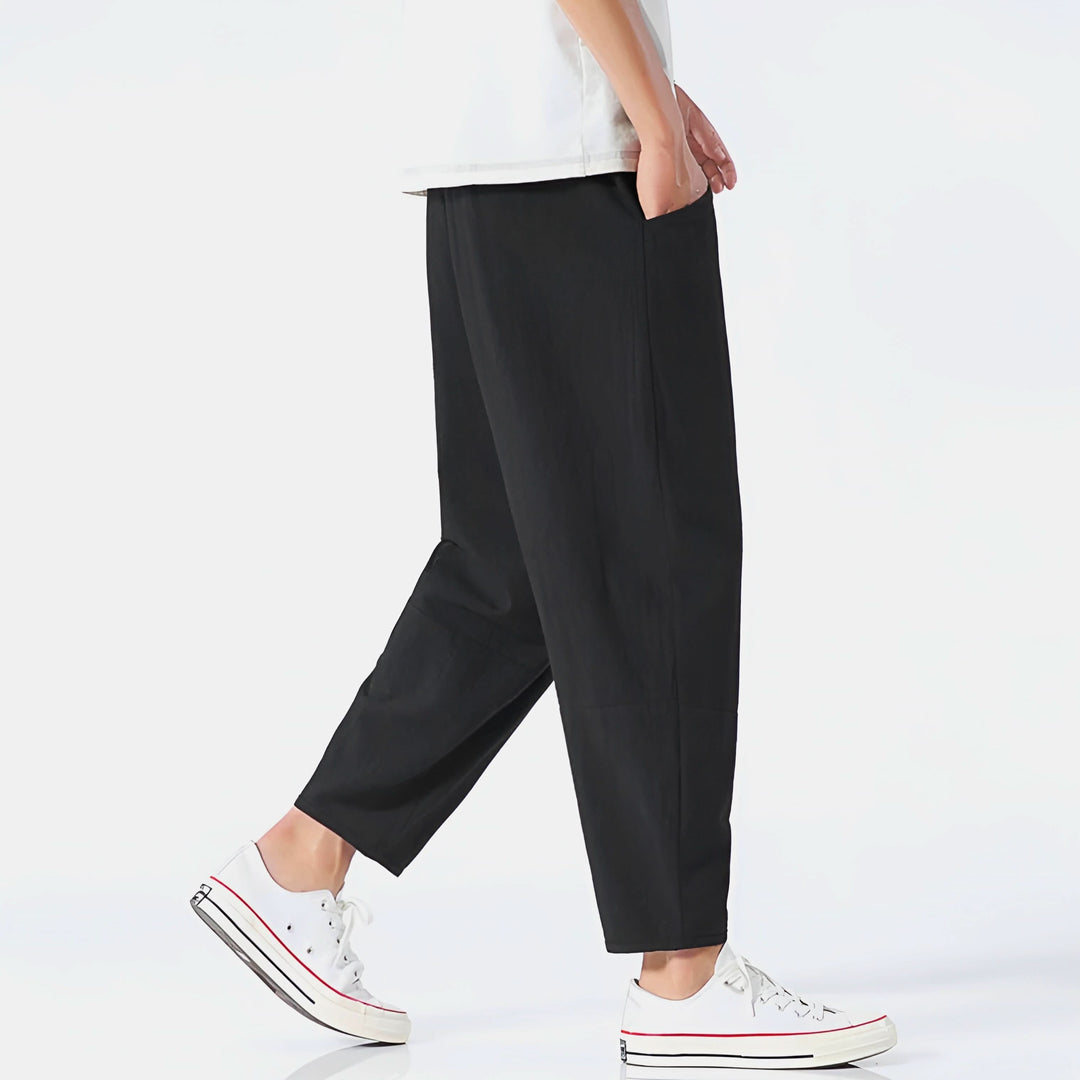 Pantalon court homme en coton et lin – taille à cordon