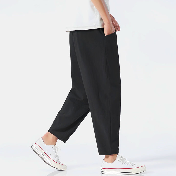 Pantalon court homme en coton et lin – taille à cordon