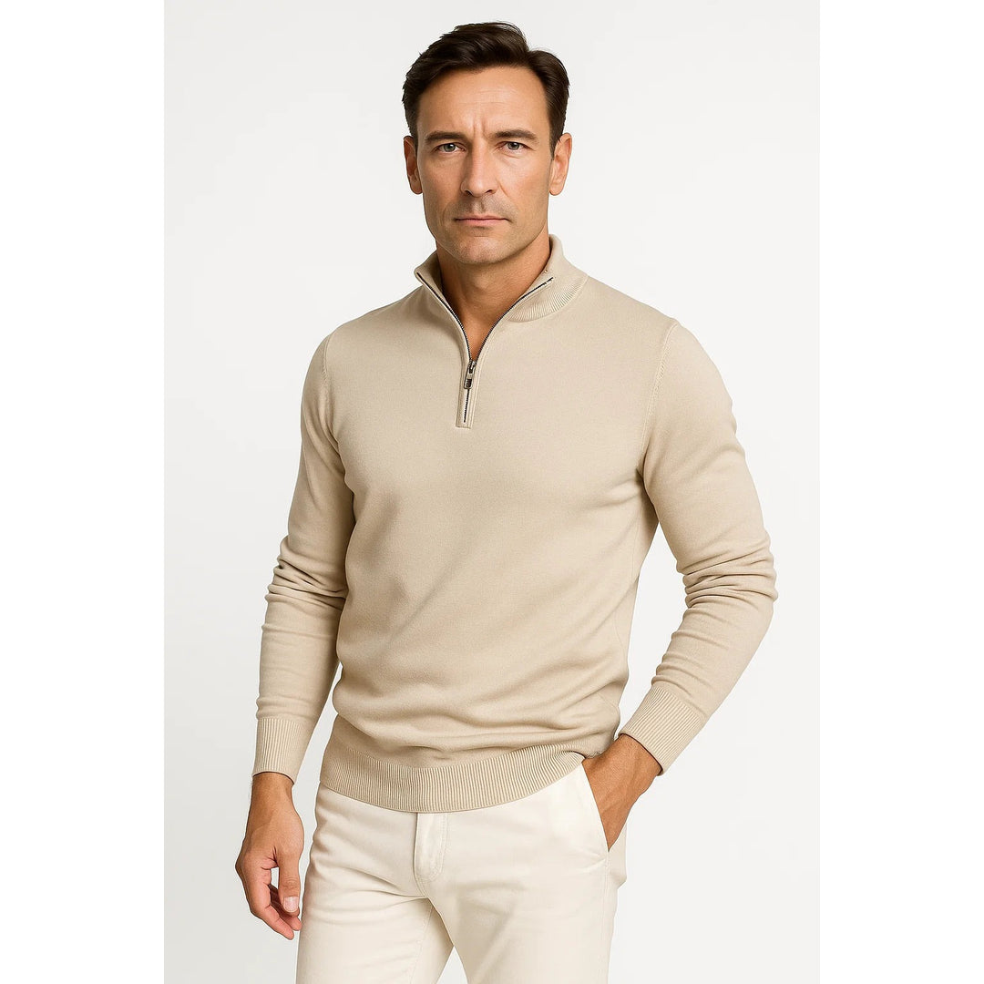 Pull homme col zippé en coton mélangé – coupe classique