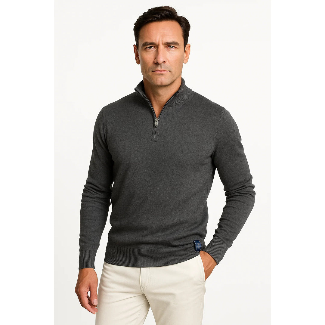 Pull homme col zippé en coton mélangé – coupe classique