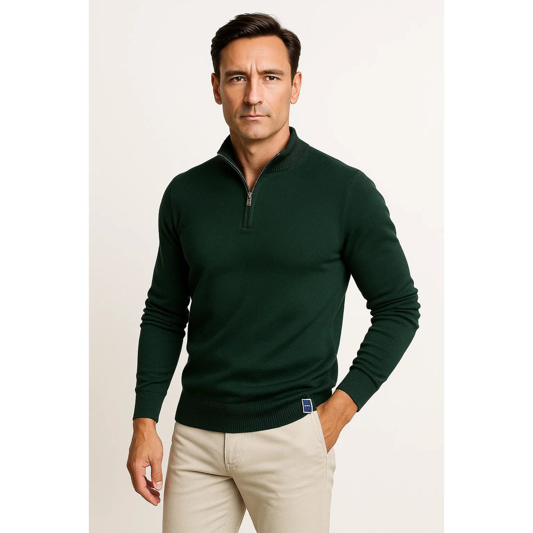 Pull homme col zippé en coton mélangé – coupe classique